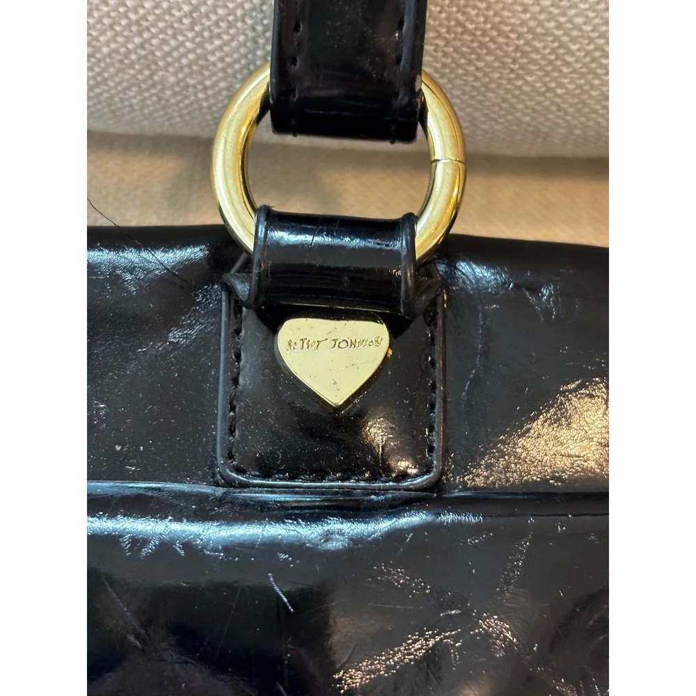 Vintage Y2K Betsey Johnson Satchel Bag Black Patent Bow Heart Padlock Rocker